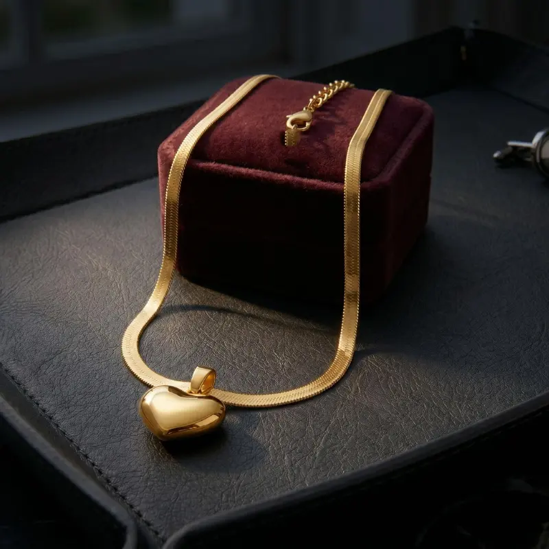 herringbone gold chain with heart pendant