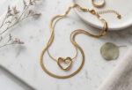Layered Thin Herringbone Chain Heart Pendant Necklace - Image 6