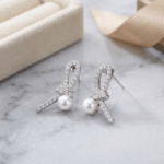 Fashion White Tone Ribbon Knot Pearl Stud Earrings for Women and Teen Girls, Elegant Crystal Rhinestone Bow Jewelry - Image 5