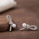 Fashion White Tone Ribbon Knot Pearl Stud Earrings for Women and Teen Girls, Elegant Crystal Rhinestone Bow Jewelry - Image 6