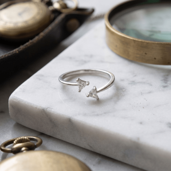 Geometric Trillion Open Adjustable Ring for Women Girls Teens - Platinum Plated Twin Triangle Cubic Zirconia Bypass Ring, Dainty Minimalist Stackable Arrow Band Jewelry Gift
