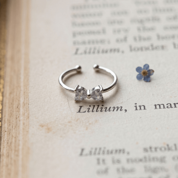 Dainty Bowknot Open Adjustable Ring for Women Girls Teens - Platinum Plated Cubic Zirconia Heart Crystal Bow Ring, Cute Trendy Stackable Promise Ring Jewelry Gift