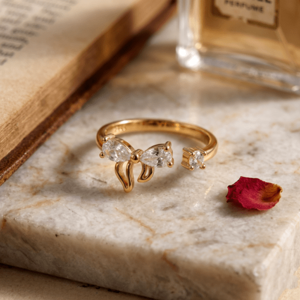 Adjustable Bow Ring for Women Girls, Gold Tone Open Cuff Finger Ring with Sparkling Cubic Zirconia, Dainty Ribbon Jewelry Gift for Birthday, Anniversary & Valentine