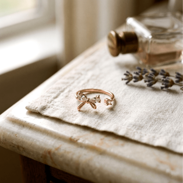 Gold Plated Bow Ring for Women, Adjustable Open Dainty Ring with Sparkling Cubic Zirconia, Minimalist Fashion Jewelry Gift for Girls