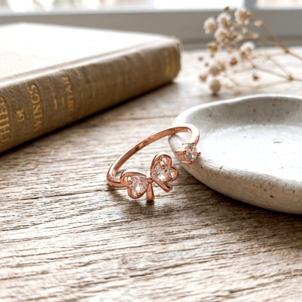 Gold Tone Bow Ring for Women | Adjustable Dainty Open Cuff Cubic Zirconia Ring | Cute Aesthetic Fashion Jewelry Gifts for Teen Girls