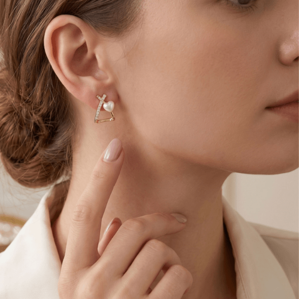Gold Tone Geometric Triangle Stud Earrings for Women and Teen Girls, Dainty Pearl and Rhinestone Crystal Criss Cross Jewelry, Contemporary Minimalist Aesthetic