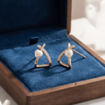 Gold Tone Geometric Triangle Stud Earrings for Women and Teen Girls, Dainty Pearl and Rhinestone Crystal Criss Cross Jewelry, Contemporary Minimalist Aesthetic - Image 4