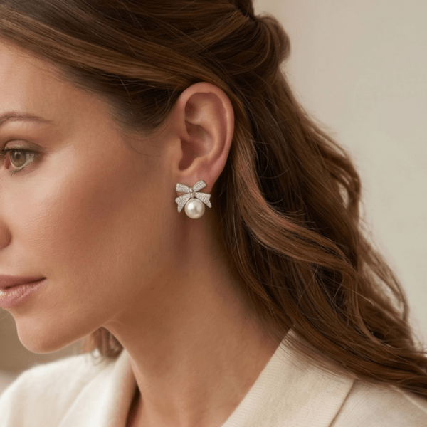 Bow Pearl Stud Earrings for Women and Teen Girls, Dainty Rhinestone Crystal Ribbon with Faux Round Pearl, Coquette Aesthetic Jewelry