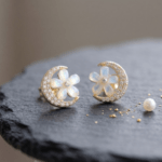 Fashion Gold Tone Crescent Moon and Flower Stud Earrings for Women and Teen Girls, Dainty Celestial Floral Crystal Jewelry, Iridescent Opal-Like Accent - Image 2
