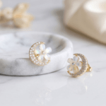 Fashion Gold Tone Crescent Moon and Flower Stud Earrings for Women and Teen Girls, Dainty Celestial Floral Crystal Jewelry, Iridescent Opal-Like Accent - Image 5