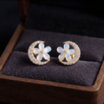 Fashion Gold Tone Crescent Moon and Flower Stud Earrings for Women and Teen Girls, Dainty Celestial Floral Crystal Jewelry, Iridescent Opal-Like Accent - Image 4