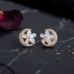 Fashion Gold Tone Crescent Moon and Flower Stud Earrings for Women and Teen Girls, Dainty Celestial Floral Crystal Jewelry, Iridescent Opal-Like Accent - Image 6