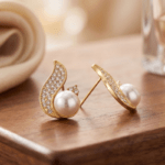 Fashion Gold Tone Pearl Stud Earrings for Women and Teen Girls, Elegant Crystal Swirl Rhinestone Traditional Jewelry - Image 2