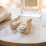 Fashion Gold Tone Pearl Stud Earrings for Women and Teen Girls, Elegant Crystal Swirl Rhinestone Traditional Jewelry - Image 4