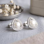 Fashion White Gold Tone Pearl Stud Earrings for Women and Teen Girls, Geometric Triangle Crystal Halo Jewelry, Elegant Rhinestone Accessories - Image 2