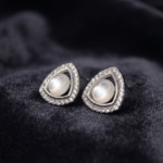 Fashion White Gold Tone Pearl Stud Earrings for Women and Teen Girls, Geometric Triangle Crystal Halo Jewelry, Elegant Rhinestone Accessories - Image 4