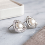 Fashion White Gold Tone Pearl Stud Earrings for Women and Teen Girls, Geometric Triangle Crystal Halo Jewelry, Elegant Rhinestone Accessories - Image 6