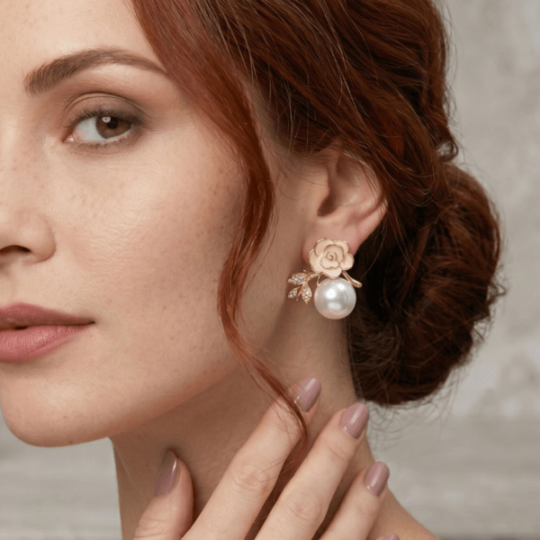Fashion Gold Tone Rose Flower Pearl Stud Earrings for Women and Teen Girls, Dainty Vintage Inspired Enamel Floral Rhinestone Jewelry