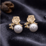 Fashion Gold Tone Rose Flower Pearl Stud Earrings for Women and Teen Girls, Dainty Vintage Inspired Enamel Floral Rhinestone Jewelry - Image 2