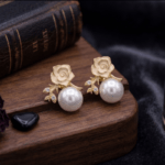 Fashion Gold Tone Rose Flower Pearl Stud Earrings for Women and Teen Girls, Dainty Vintage Inspired Enamel Floral Rhinestone Jewelry - Image 4