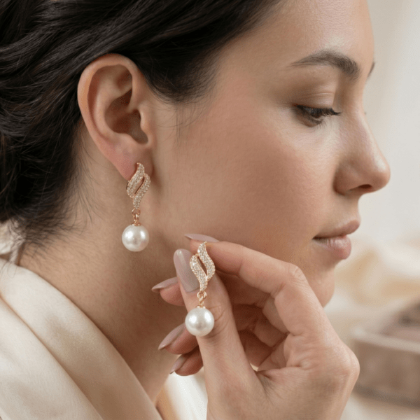 Fashion Gold Tone Pearl Drop Earrings for Women and Teen Girls, Elegant Crystal Swirl Dangle Rhinestone Traditional Jewelry