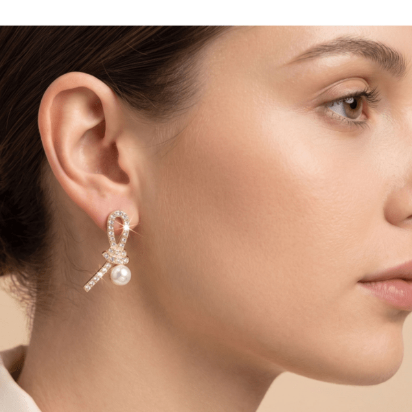 Fashion Gold Tone Ribbon Knot Pearl Stud Earrings for Women and Teen Girls, Elegant Crystal Rhinestone Bow Jewelry